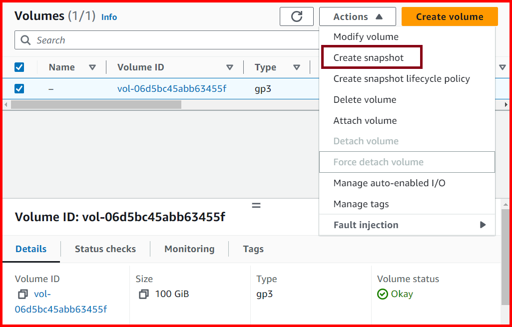 Picture showing the Create snapshot option for creating the snapshot of volume